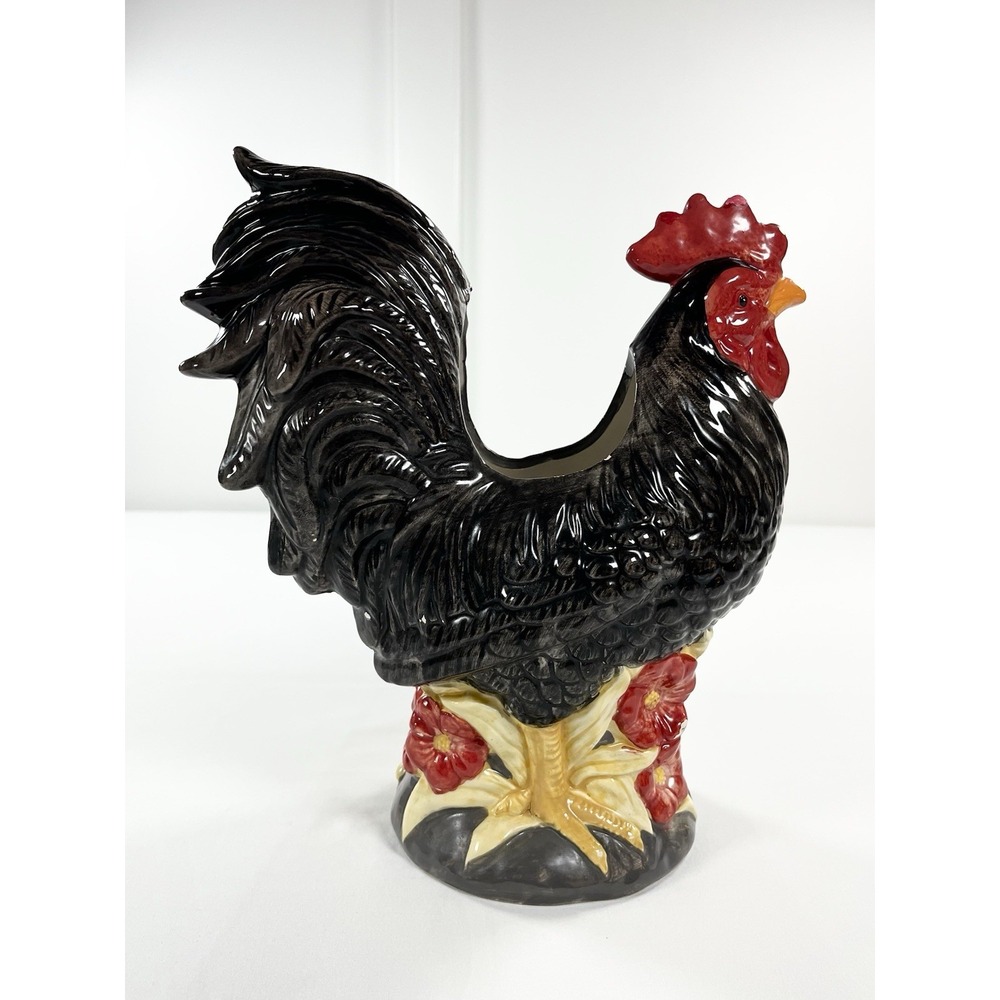 Vintage Cracker Barrel Susan Winget Black Rooster Ceramic Utensil Holder Planter